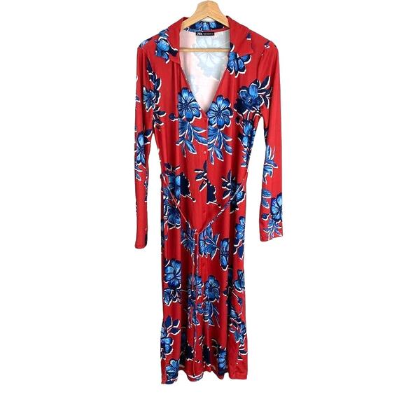 ZARA Red Floral Button-Down Midi Dress M — Cottagecore Coquette Wedding Guest - Picture 4 of 11